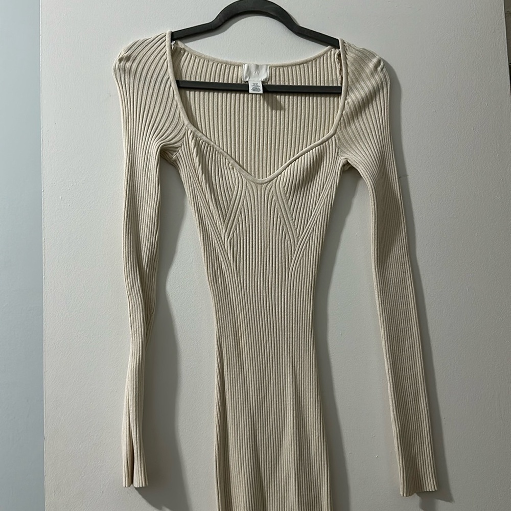 H&M Cream Ribbed Long-Sleeve Bodycon Dress